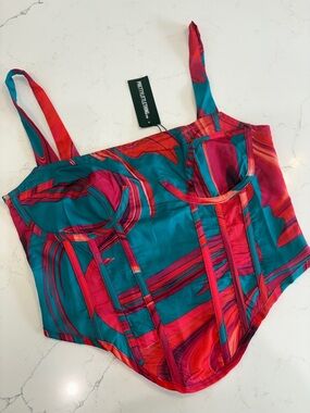 PrettyLittleThing Teal & Red Abstract Bustier Top